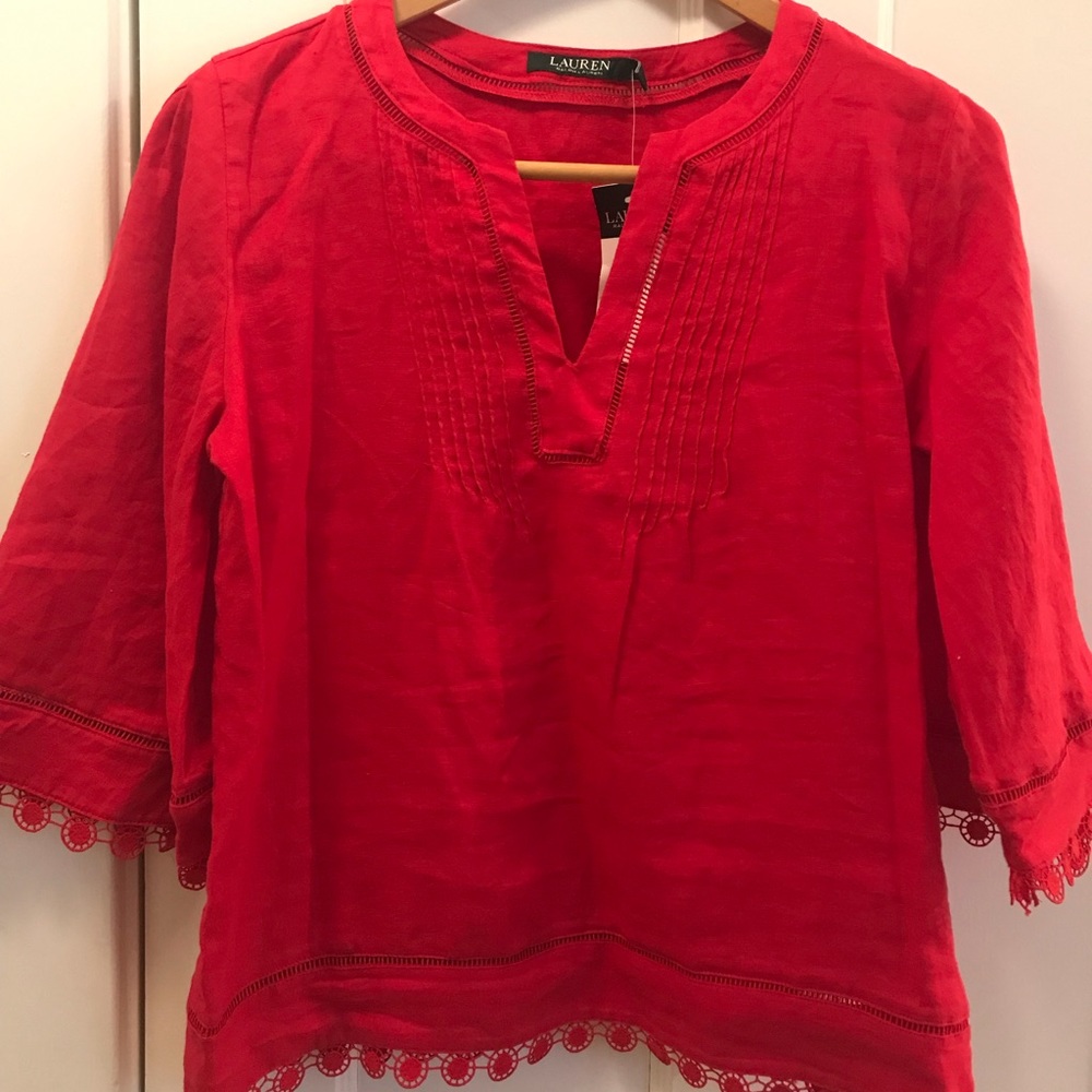 Polyester and Linen Trim quarter sleeve top